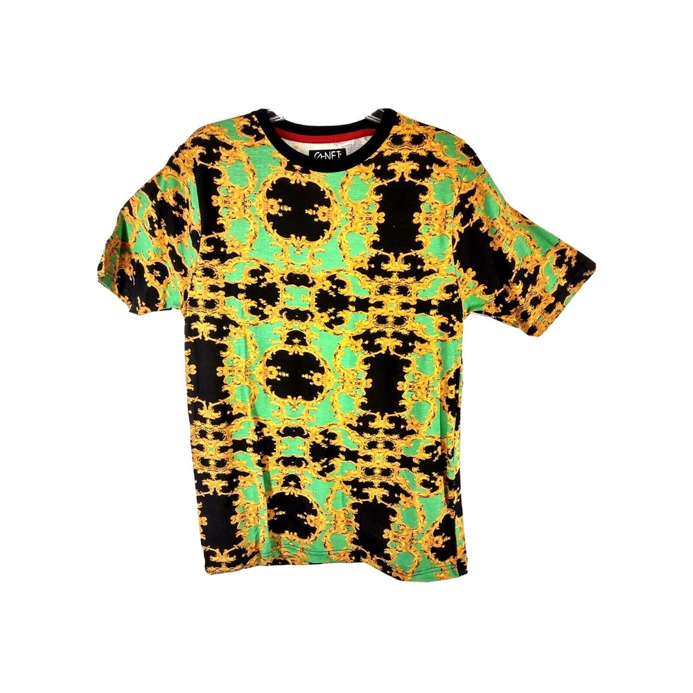 G-NET T Shirt Large Mens Streetwear Baroque Filigree Green Gold Bold Edgy Retro